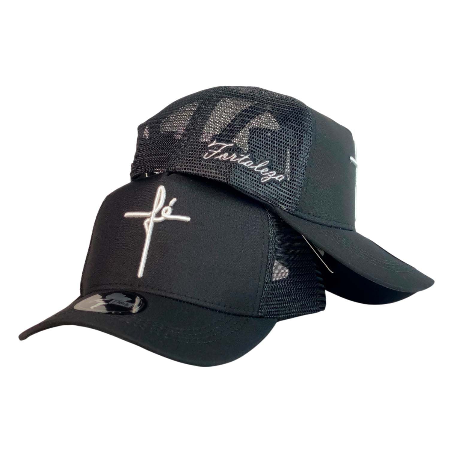 Gorra FE Negra con Malla Negra y Bordado en Relieve.