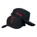 Gorra FE Negra en Gamuza con Bordado Frontal Rojo y Bordado Lateral Rojo.