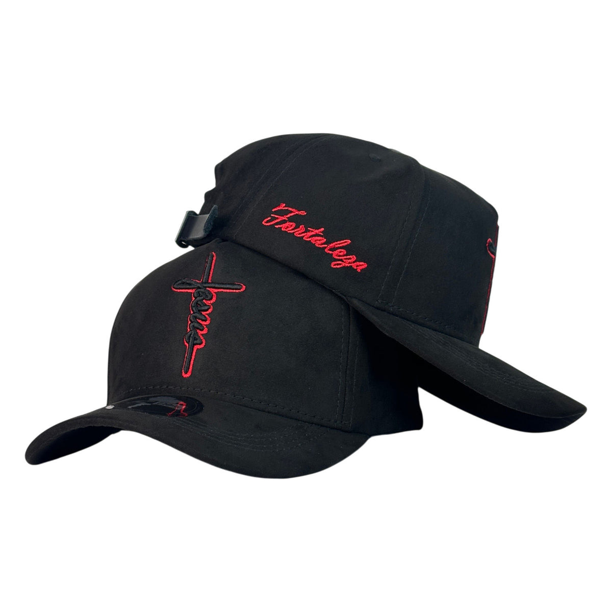 Gorra FE Negra en Gamuza con Bordado Frontal Rojo y Bordado Lateral Rojo.
