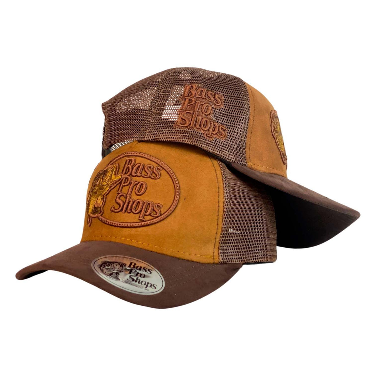 Gorra Bass Pro Shop Marrón en Gamuza con Malla Marrón y Bordado en Relieve.