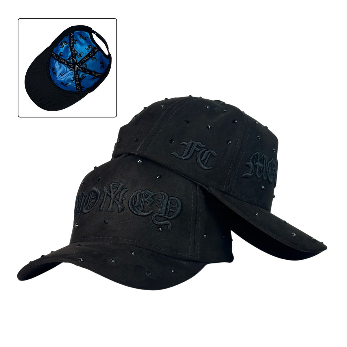 Gorra Full Caps Negra en Gamuza con Bordado Frontal Negro y Pedrería Negra.