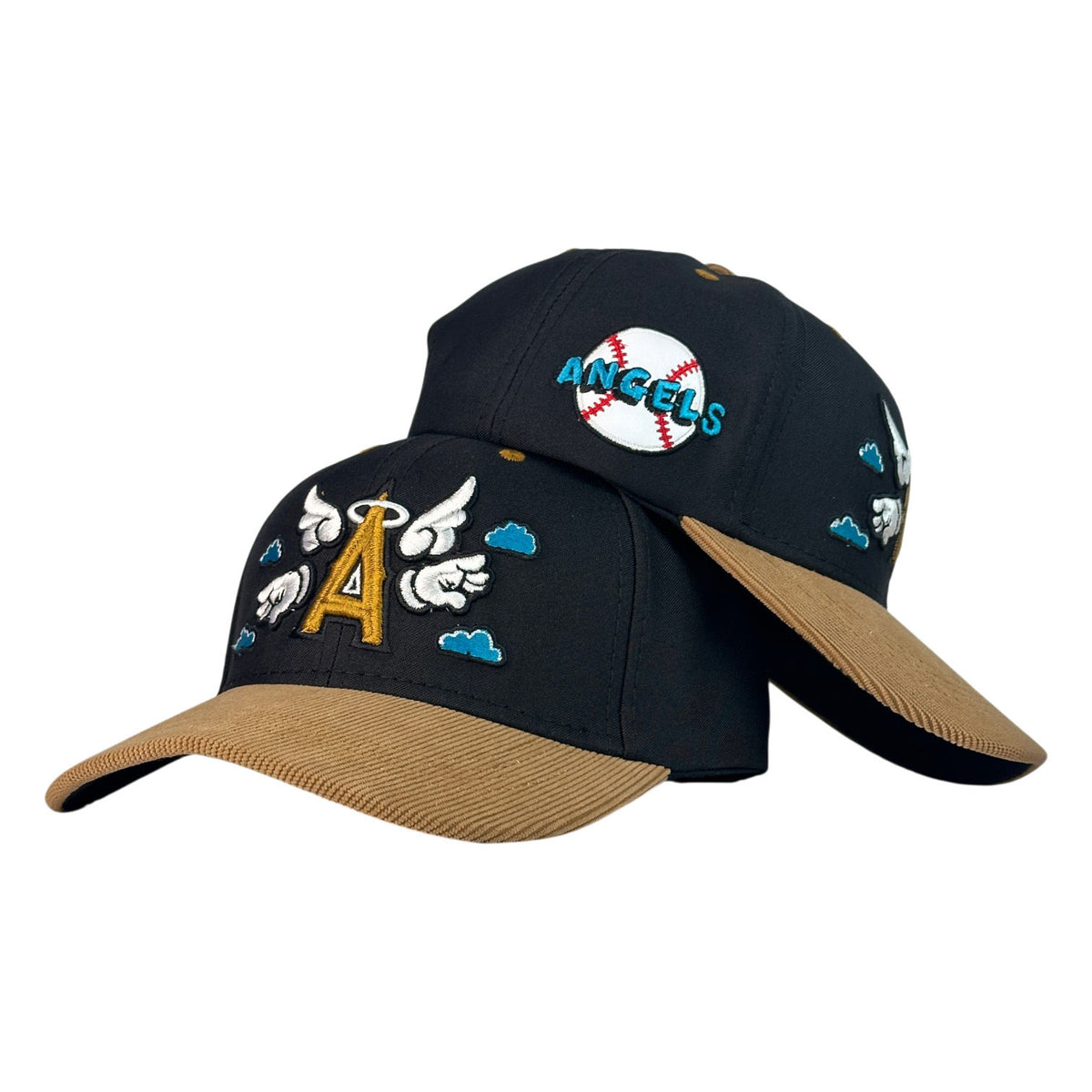 Gorra Full Caps Niño Negra con Visera Café Claro y Bordado Frontal Angels.