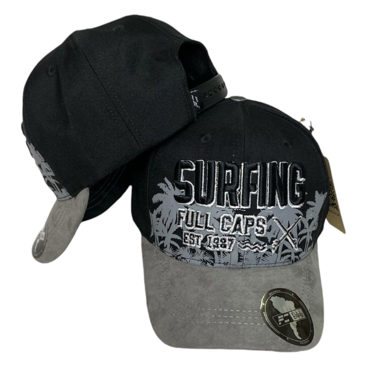 Gorra Full Caps Negra en Gamuza con Visera Gris y Bordado en Relieve.