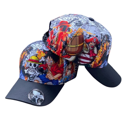 Gorra Full Caps Multicolor con Estampado de Anime y Visera Negra.