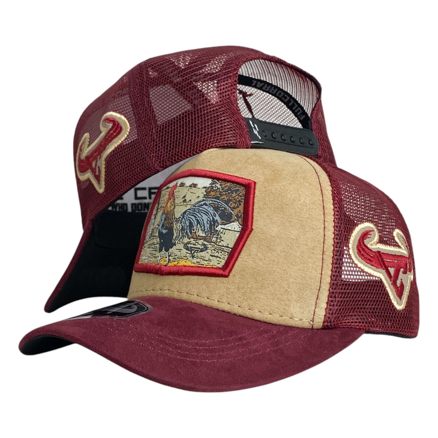 Gorra Full Corral Vino en Gamuza con Parche de Gallo y Malla Vino.