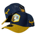 Gorra Full Corral Azul en Gamuza con Visera Miel y Bordado de Vaca.