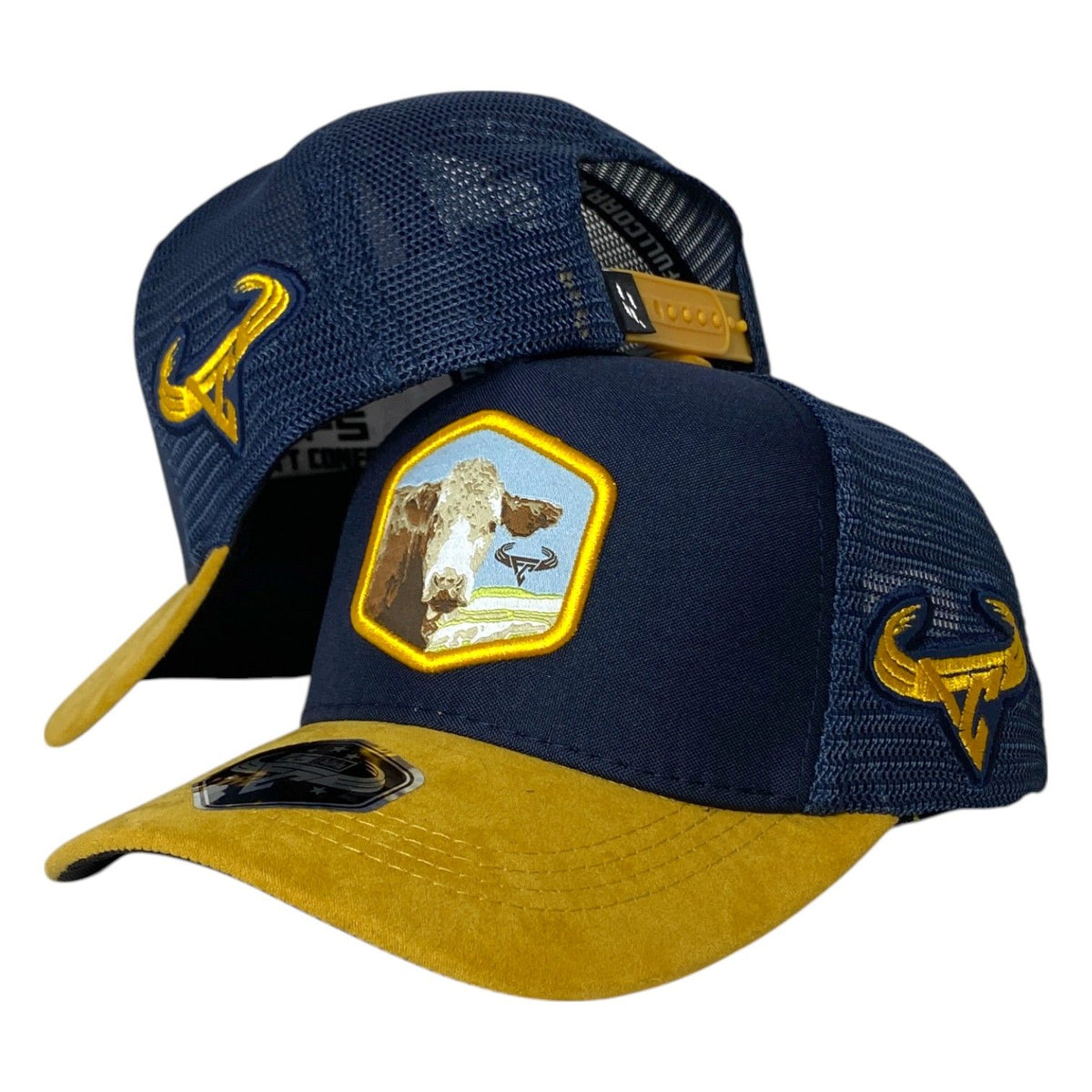 Gorra Full Corral Azul en Gamuza con Visera Miel y Bordado de Vaca.