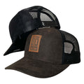 Gorra Full Caps Marrón en Gamuza con Parche de Cuero y Malla Negra.
