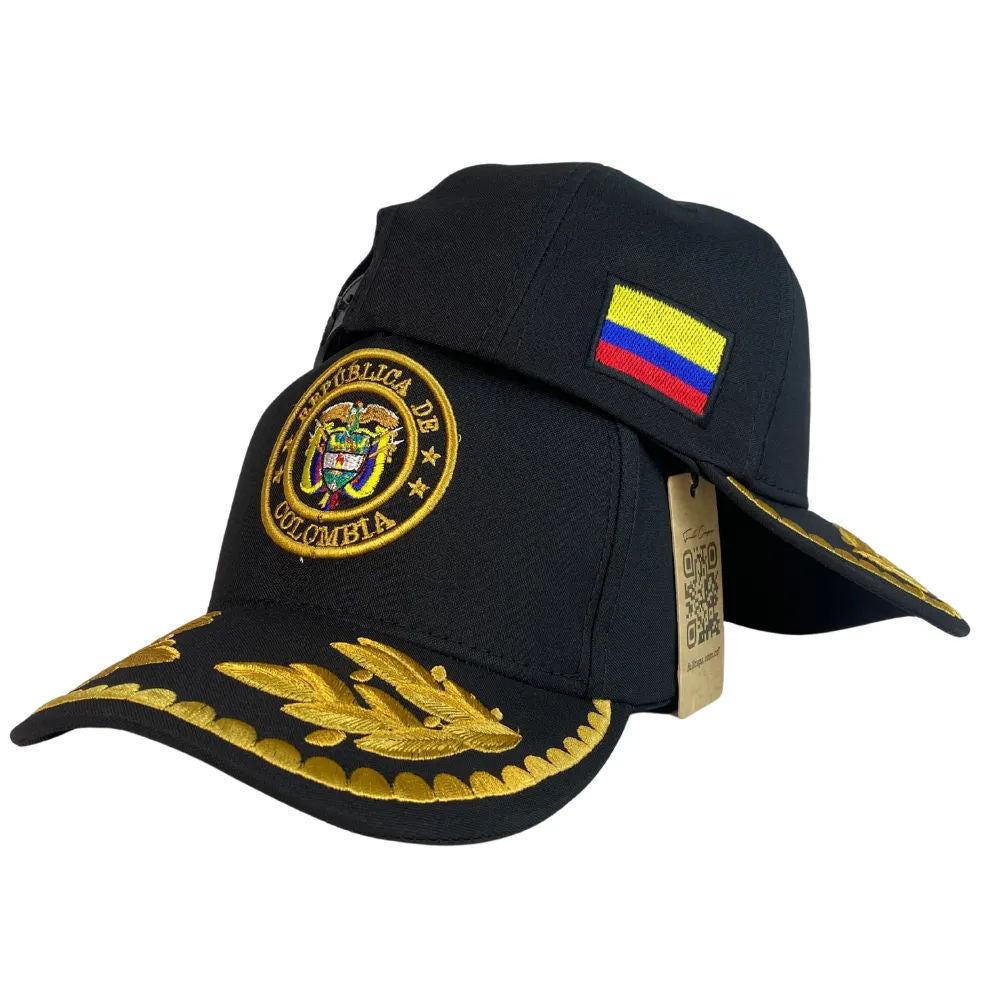 Gorra Colombia Negra con Escudo Bordado y Visera con Laureles.