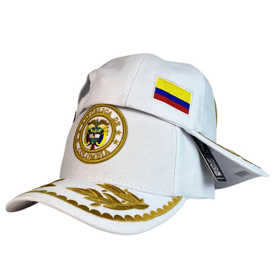 Gorra Colombia Blanca con Escudo Bordado y Visera con Laurel.