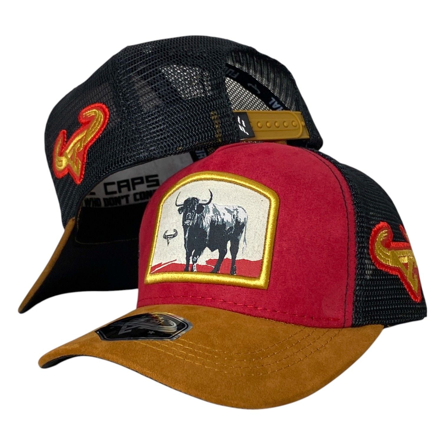 Gorra Full Corral Roja en Gamuza con Visera Miel y Malla Negra.