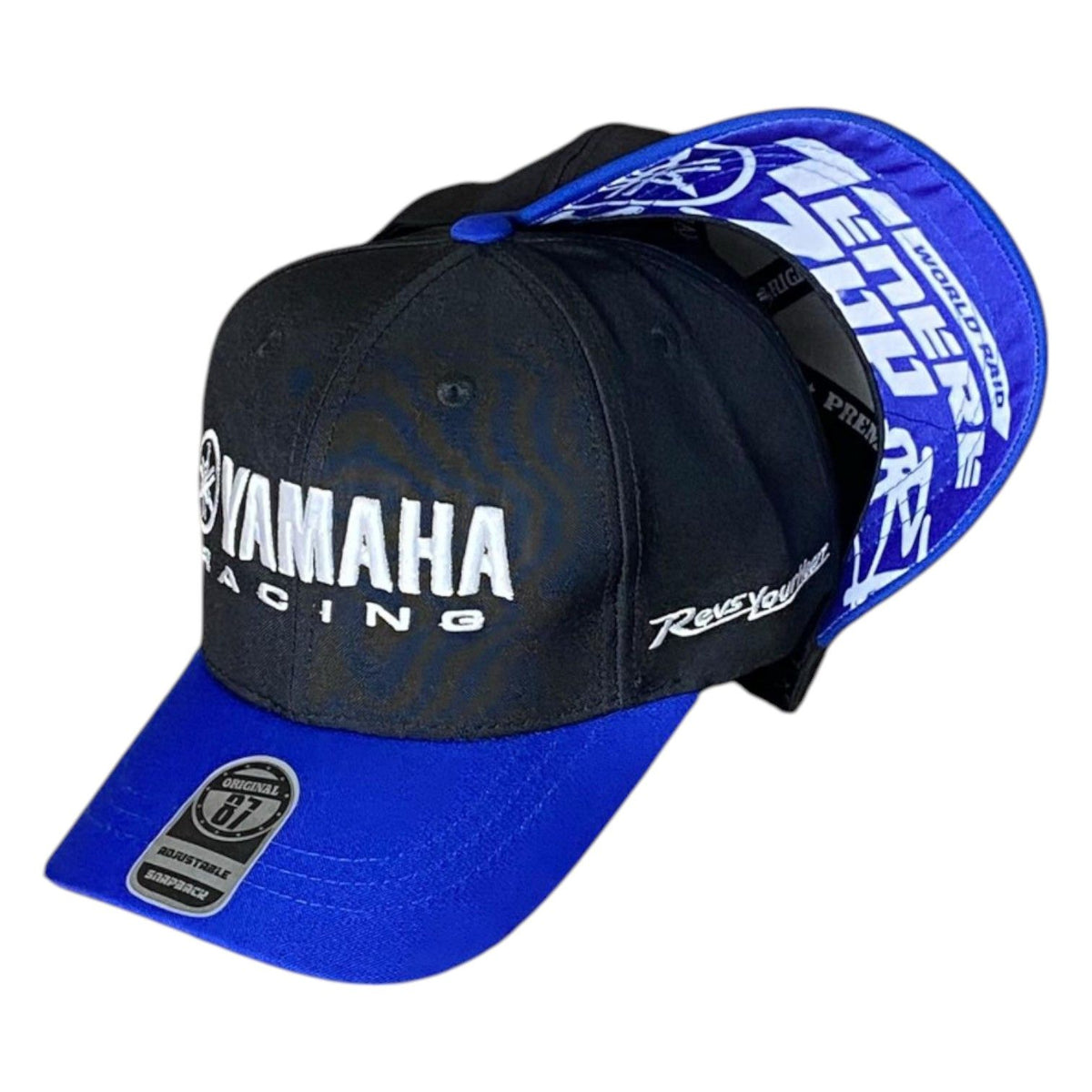 Gorra Yamaha Negra y Azul con Bordado en Relieve y Visera Estampada.