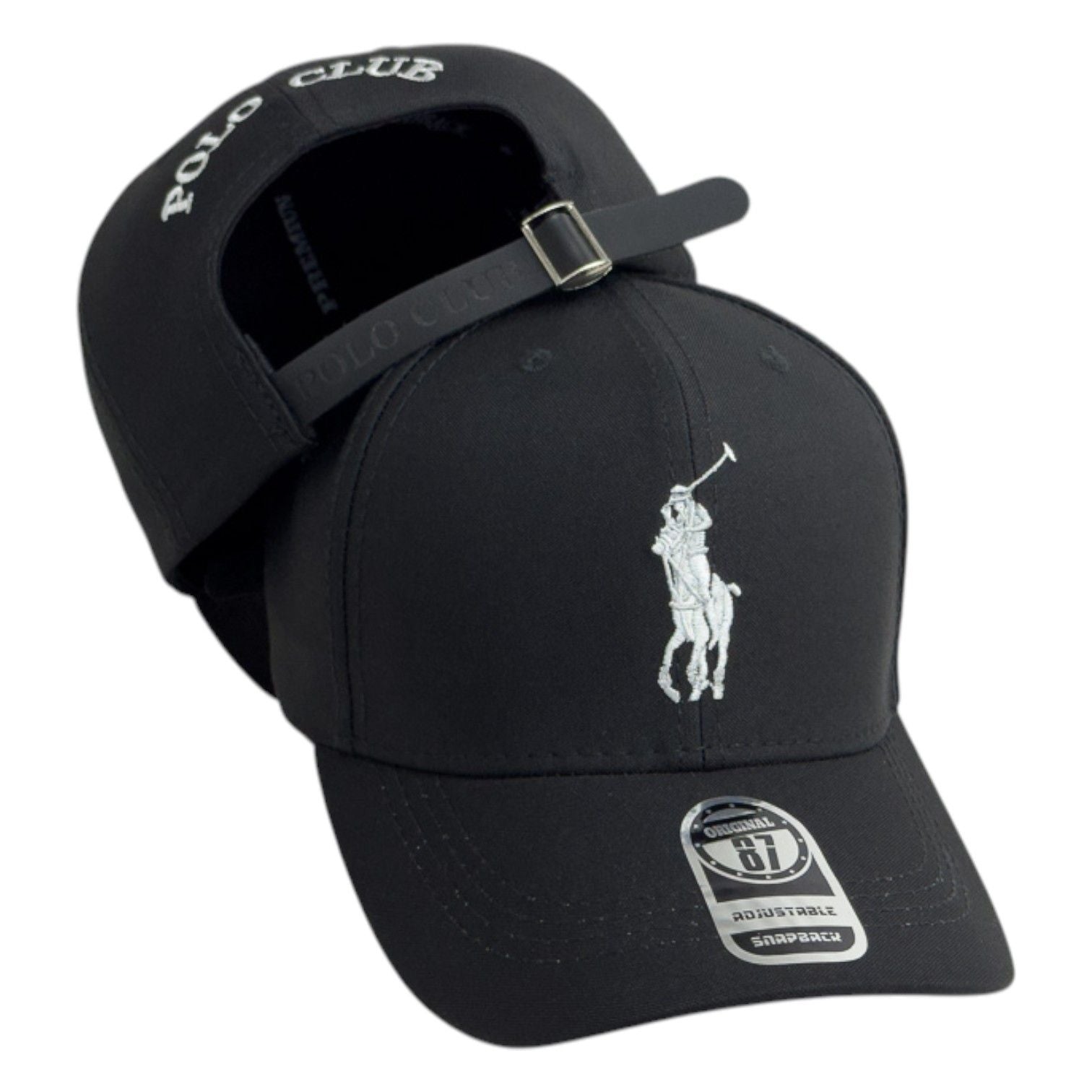 Gorra Polo Negra con Bordado en Relieve y Cierre de Cuero.