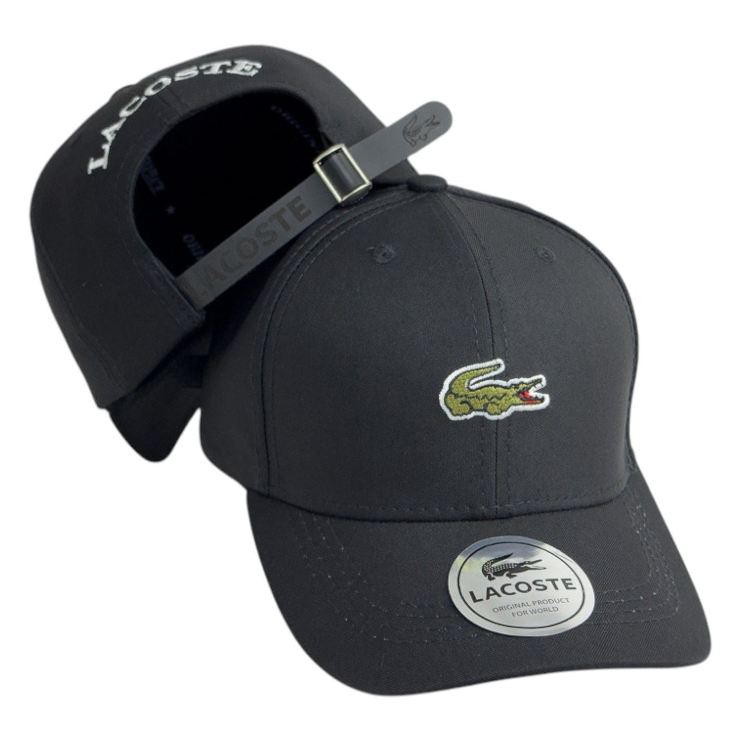 Gorra Lacoste Negra con Bordado en Relieve y Cierre de Cuero.