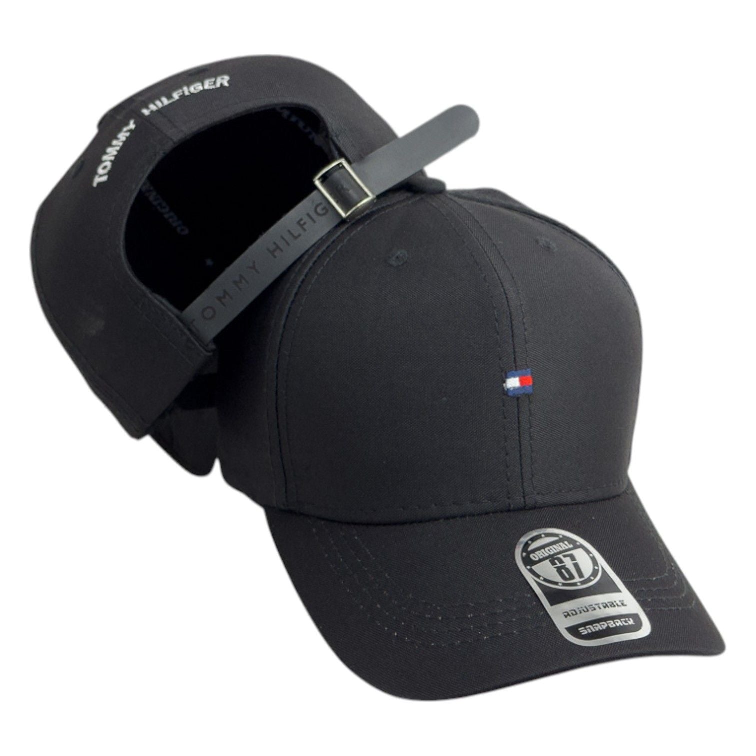 Gorra Tommy Negra con Bordado Minimalista y Cierre de Hebilla.