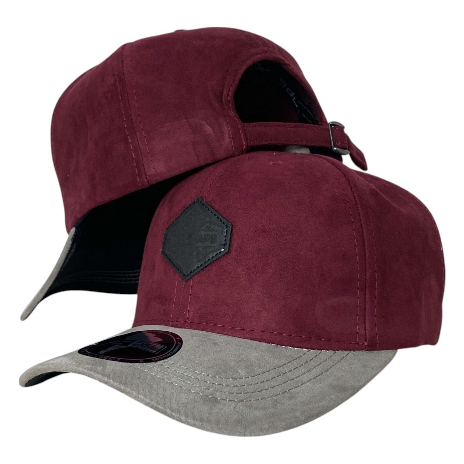 Gorra Full Caps Vinotinto en Gamuza con Visera Gris y Parche Hexagonal.