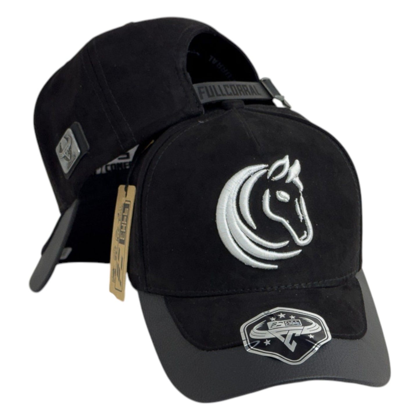 Gorra Full Corral Negra en Gamuza con Bordado en Relieve y Visera Gris.