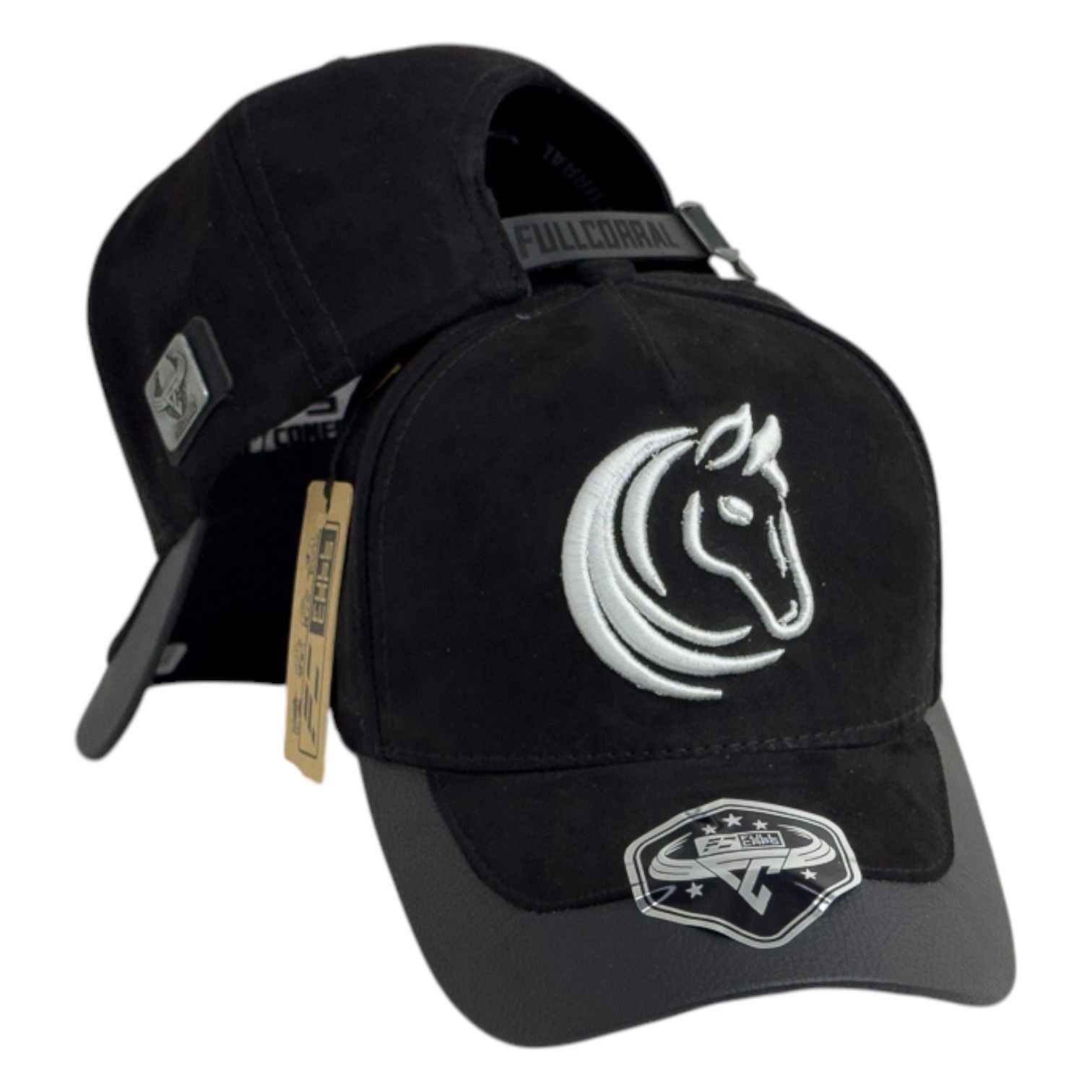 Gorra Full Corral Negra en Gamuza con Bordado en Relieve y Visera Gris.