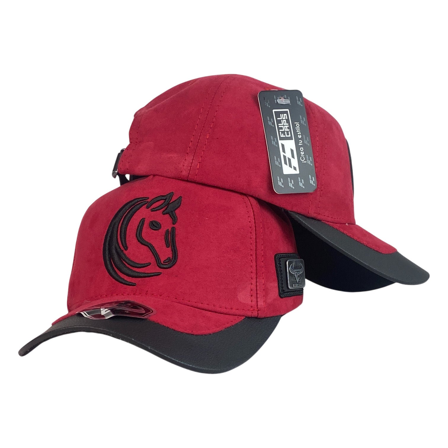Gorra Full Corral Roja en Gamuza con Bordado de Caballo y Visera Negra.