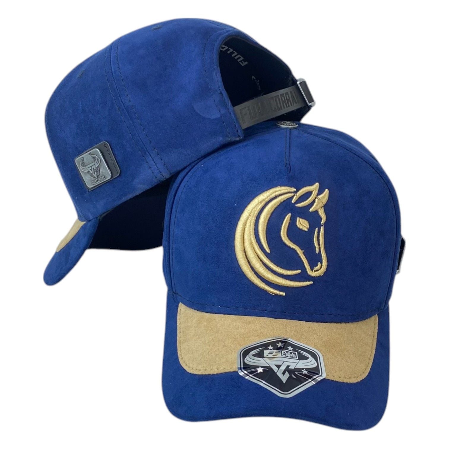 Gorra Full Corral Azul en Gamuza con Bordado de Caballo y Visera Beige.