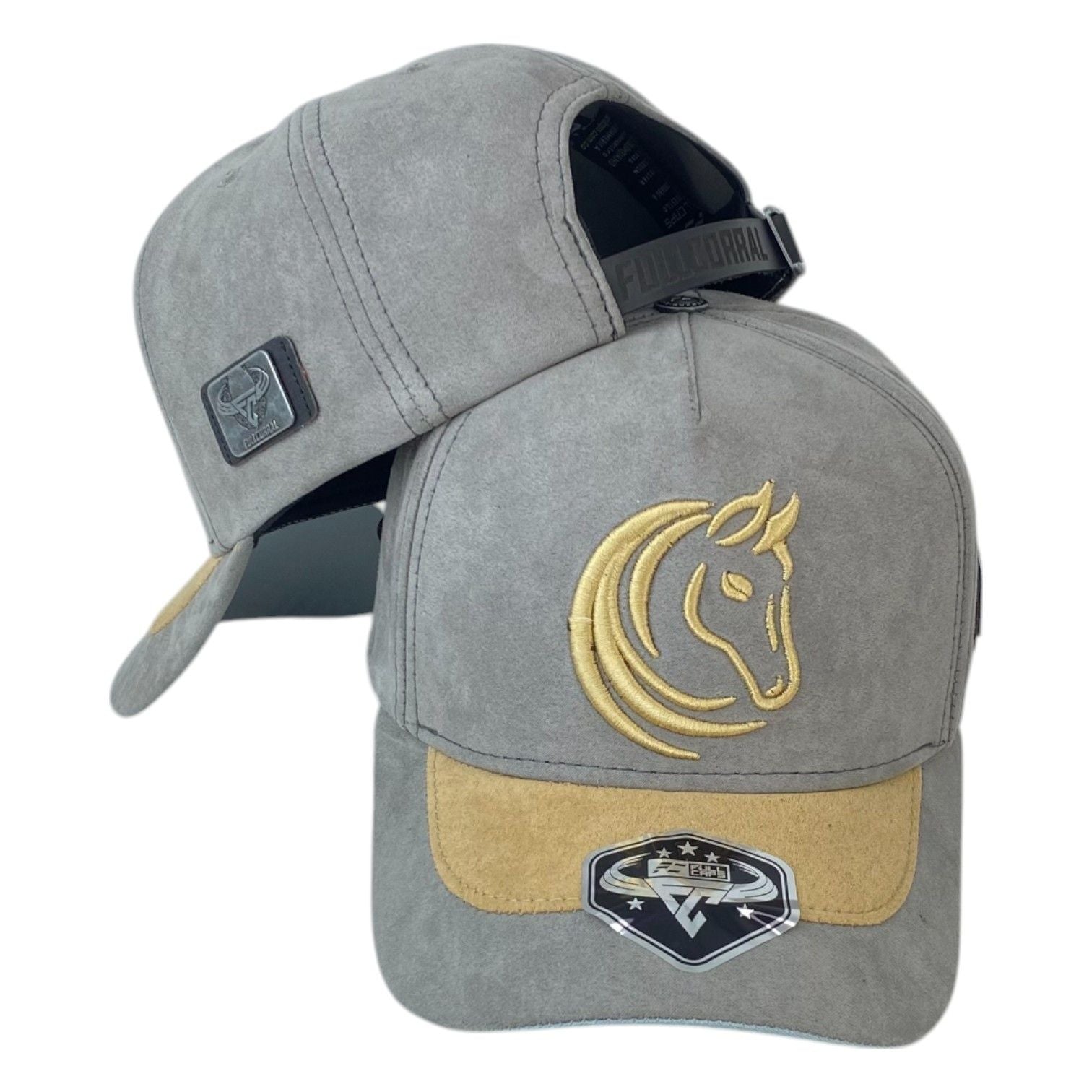 Gorra Full Corral Gris en Gamuza con Bordado de Caballo y Visera Miel.