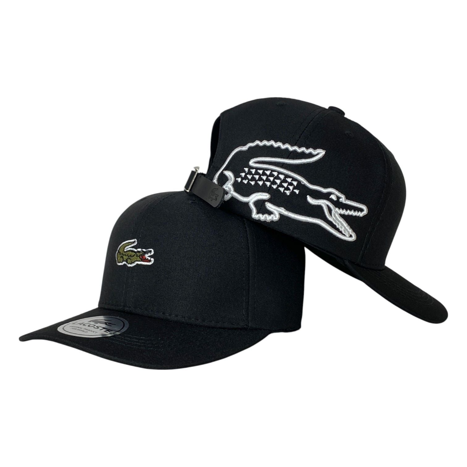 Gorra Lacoste Negra con Bordado de Alta Densidad y Cierre de Cuero.
