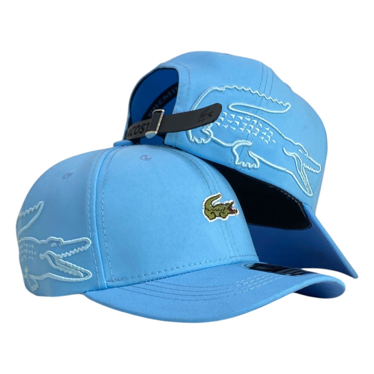 Gorra Lacoste Azul con Bordado de Cocodrilo y Cierre de Cuero.