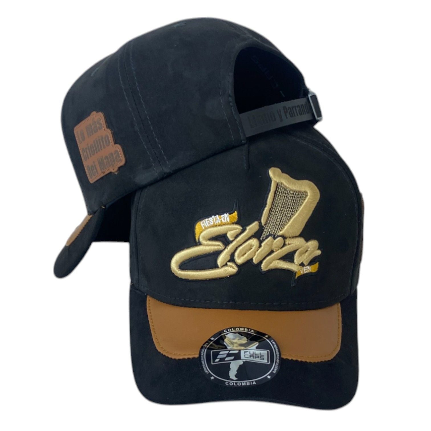 Gorra Elorza Negra en Gamuza con Visera de Cuero y Bordado en Relieve.