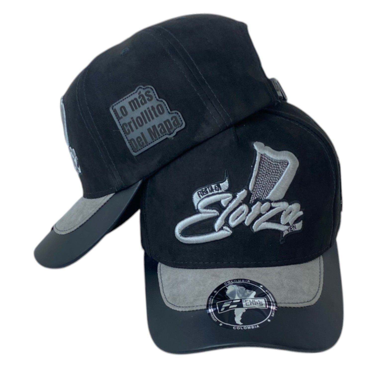 Gorra Elorza Negra en Gamuza con Bordado en Relieve y Visera Gris.