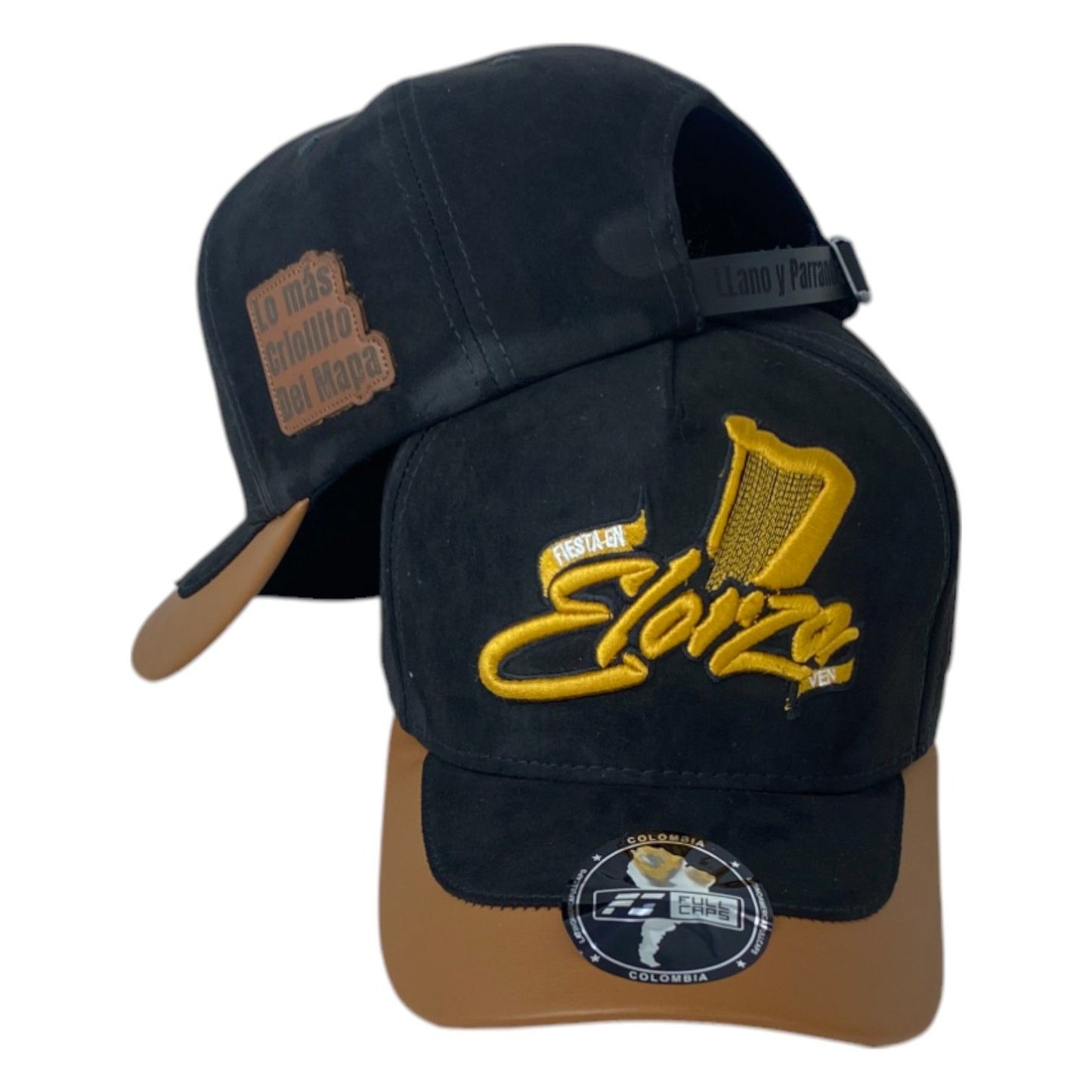 Gorra Elorza Negra en Gamuza con Visera Miel y Bordado en Relieve.