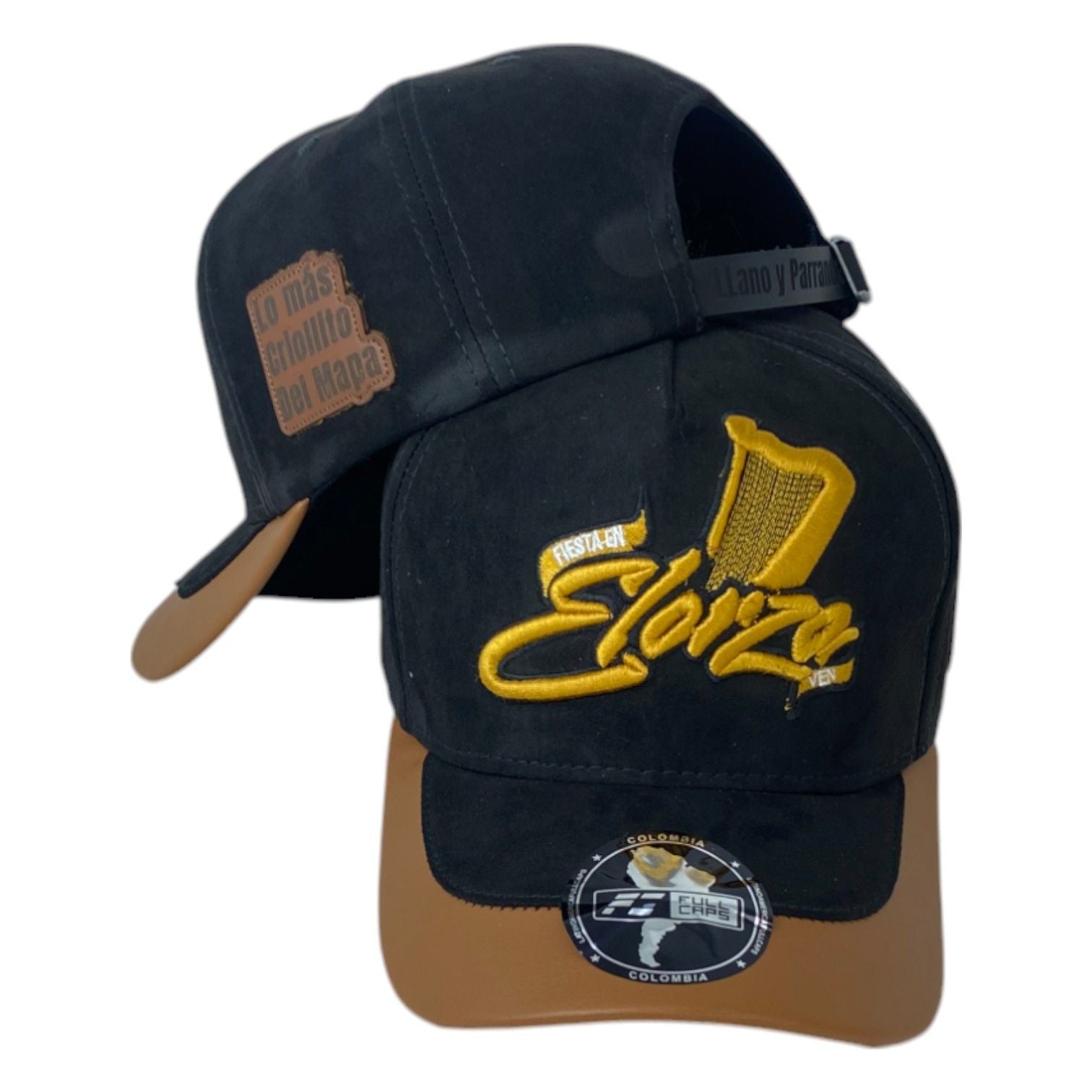 Gorra Elorza Negra en Gamuza con Visera Miel y Bordado en Relieve.