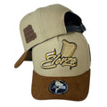 Gorra Elorza Beige en Gamuza con Visera Marrón y Bordado en Relieve.