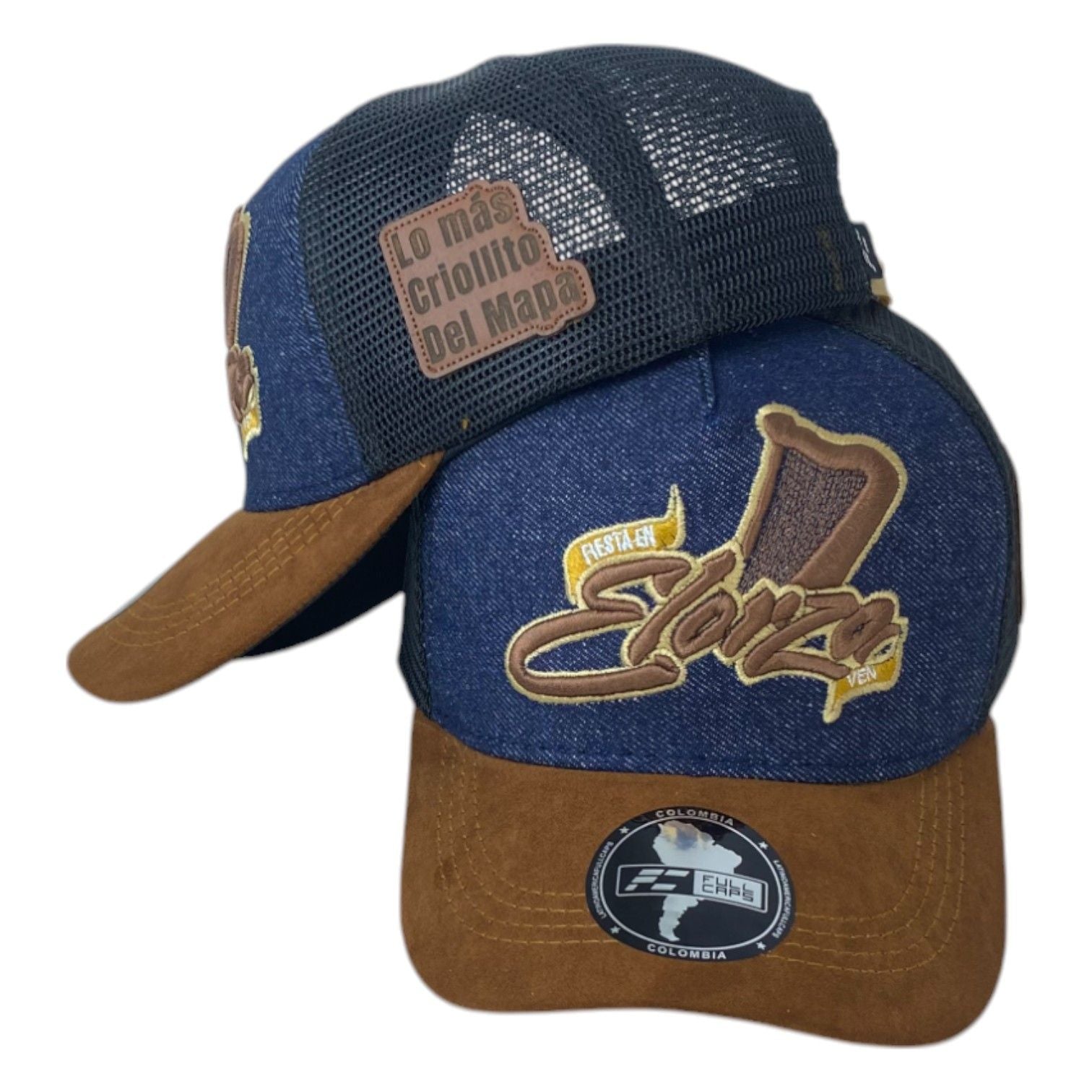 Gorra Elorza Azul en Gamuza con Malla Negra y Bordado en Relieve.
