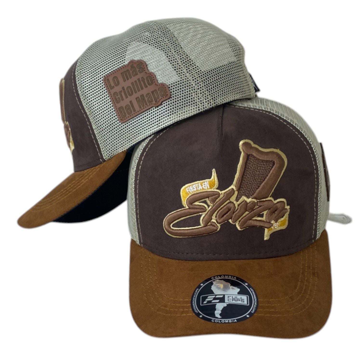 Gorra Elorza Marrón en Gamuza con Malla Beige y Bordado en Relieve.