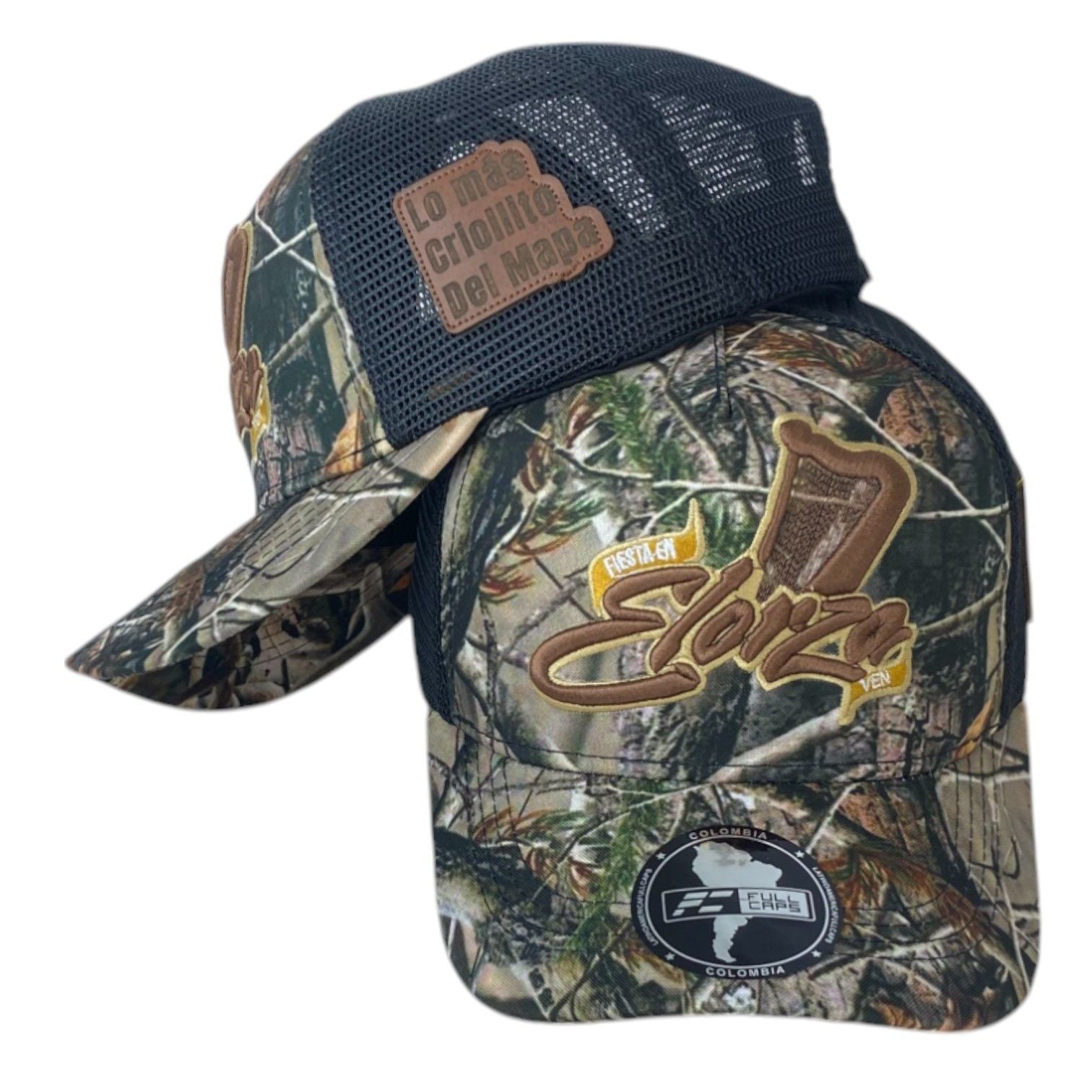 Gorra Elorza Camo con Malla Negra y Parche de Cuero.