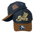 Gorra Elorza Negra en Gamuza con Visera Marrón y Bordado en Relieve.