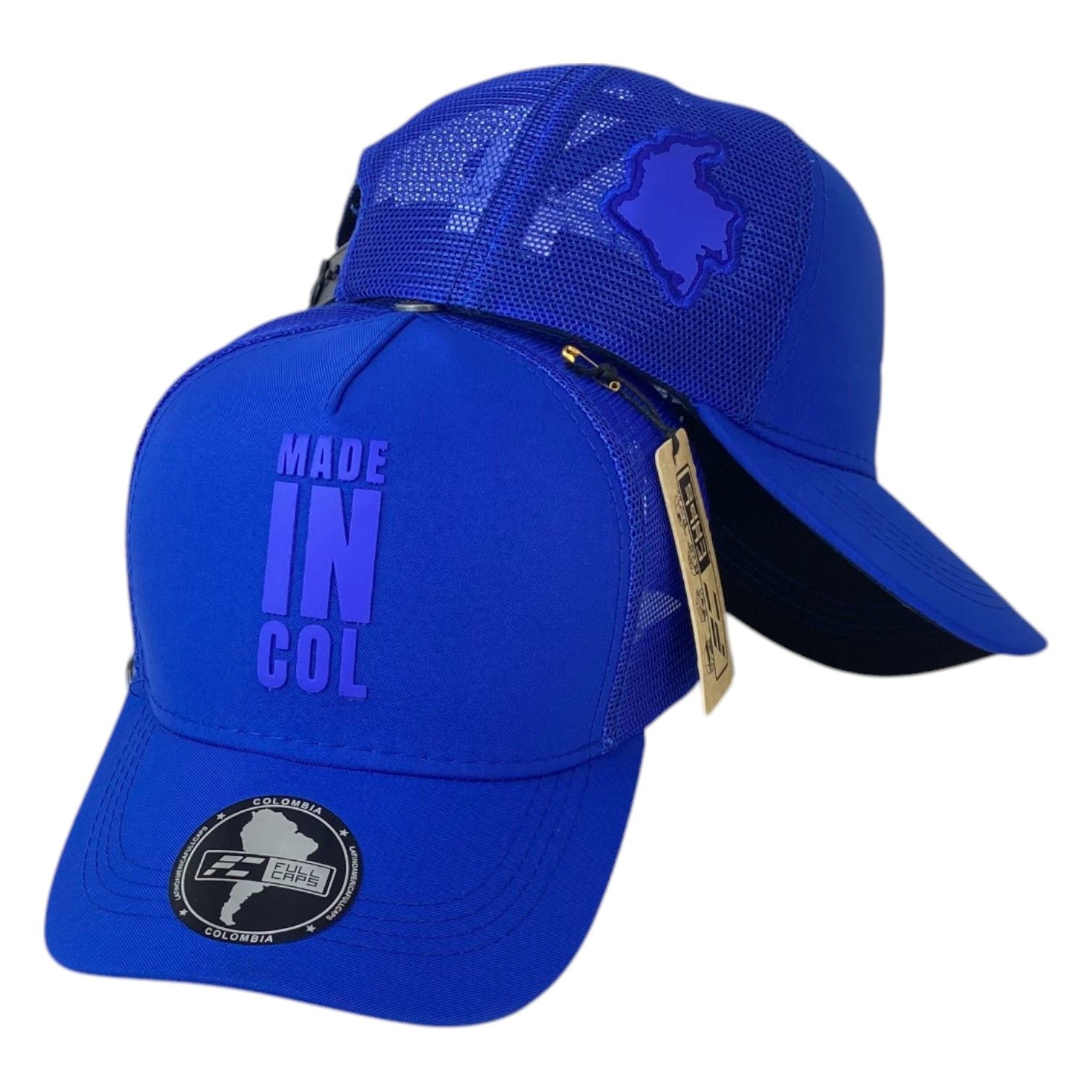 Gorra Colombia Azul con Malla Azul y Estampado en Relieve.
