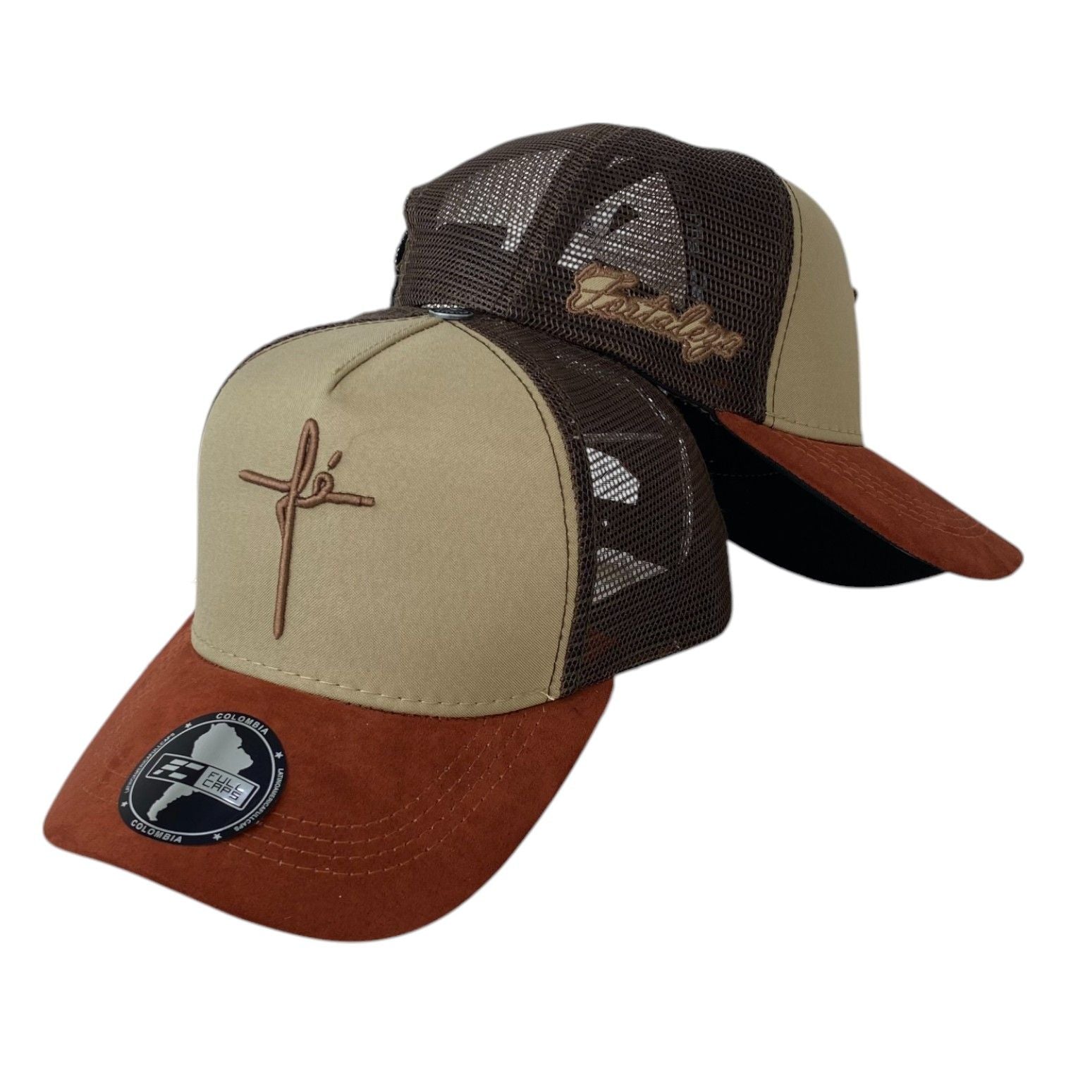 Gorra FE Beige en Gamuza con Malla Marrón y Bordado en Relieve.