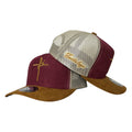 Gorra FE Vinotinto en Gamuza con Malla Beige y Bordado en Relieve.