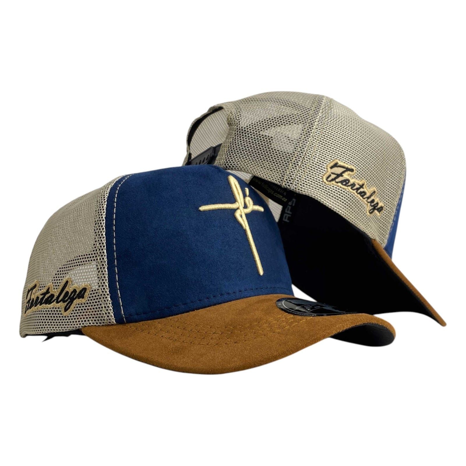 Gorra FE Azul en Gamuza con Visera Miel y Malla Beige.