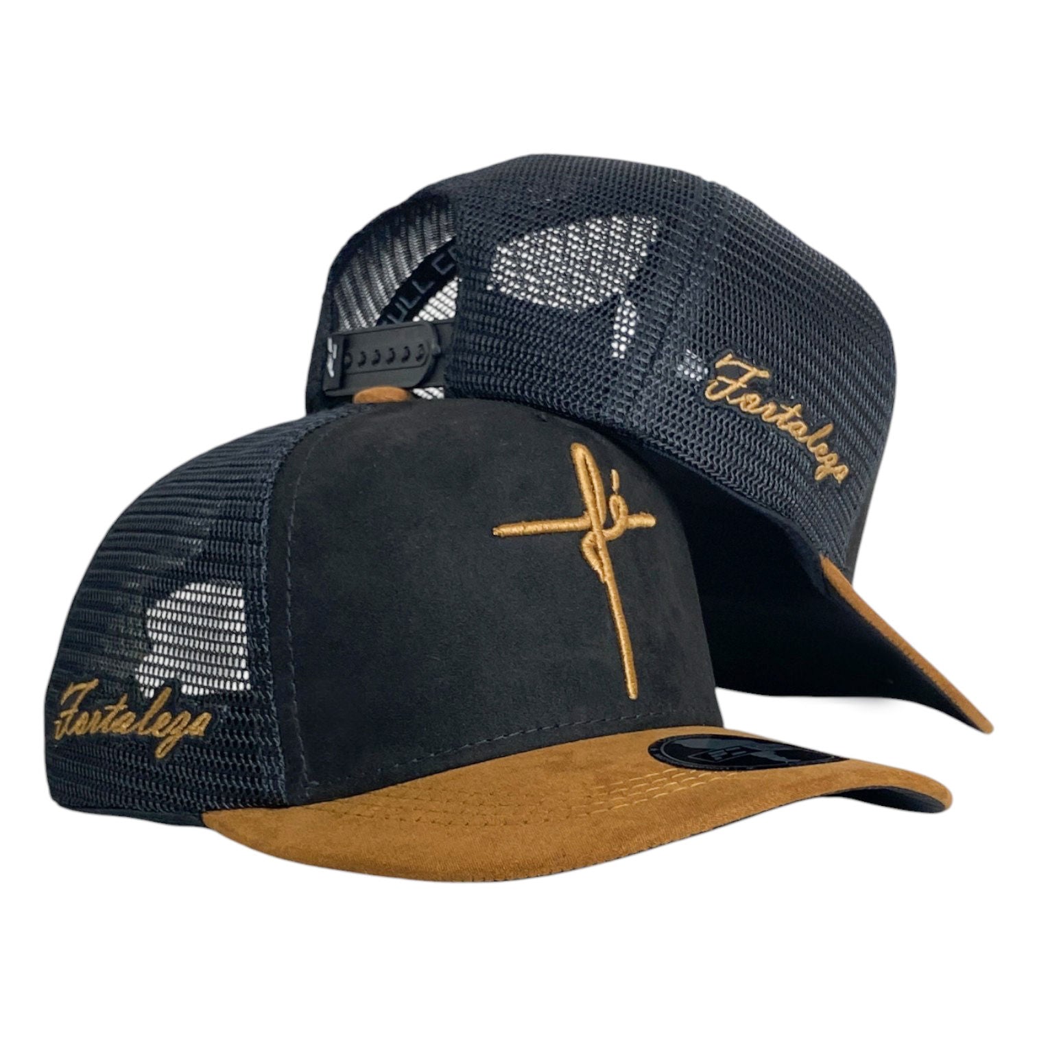 Gorra FE Negra en Gamuza con Visera Miel y Malla Negra.