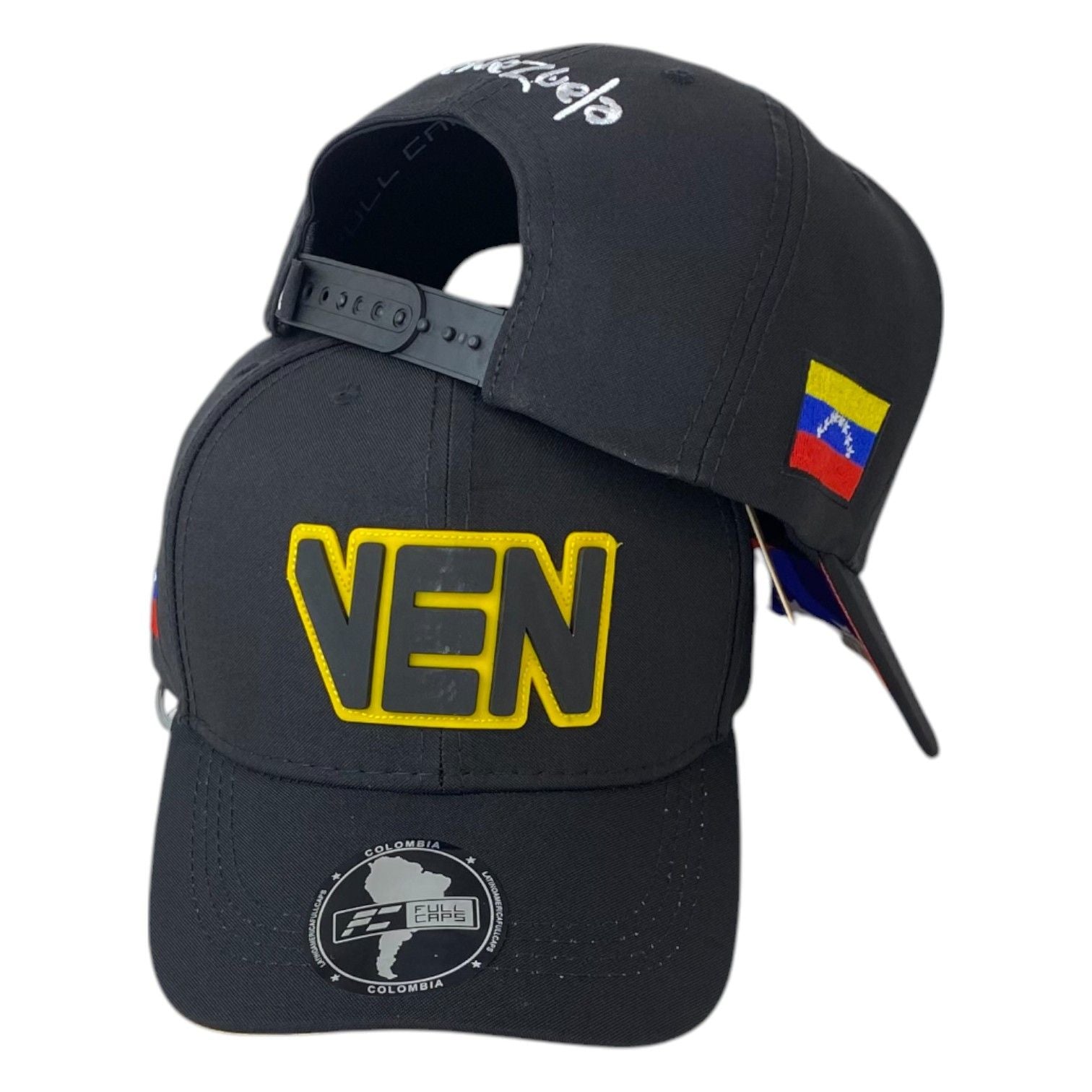Gorra Venezuela Negra con Estampado en Relieve y Parche de Bandera.