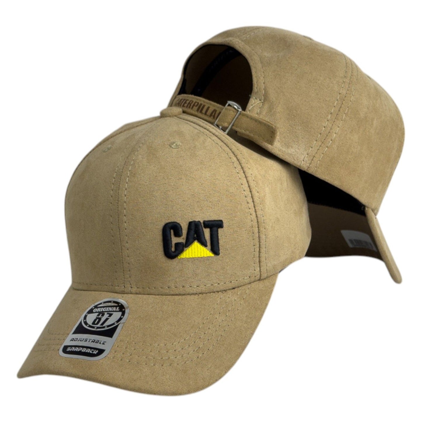 Gorra Caterpillar Beige en Gamuza con Bordado en Relieve y Cierre Metálico.