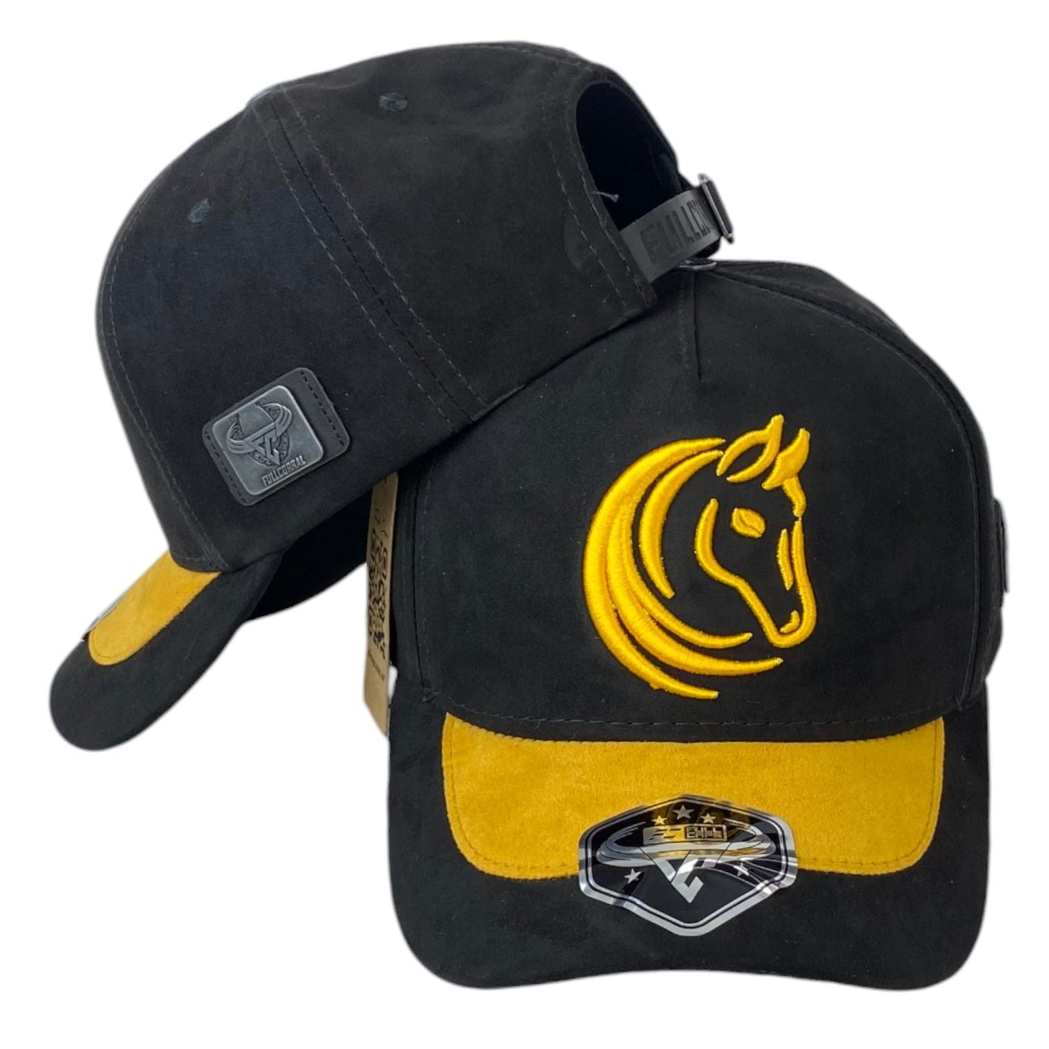 Gorra Full Corral Negra en Gamuza con Bordado de Caballo y Visera Amarilla.
