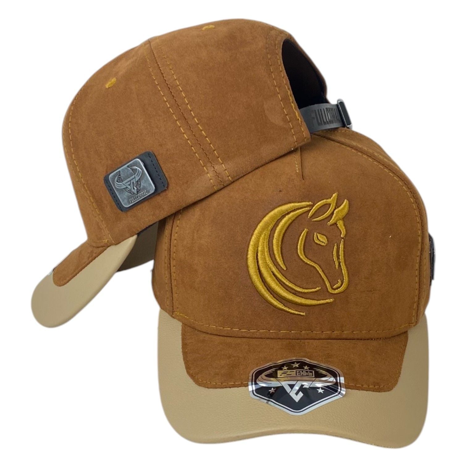 Gorra Full Corral Marrón en Gamuza con Bordado de Caballo y Visera Beige.