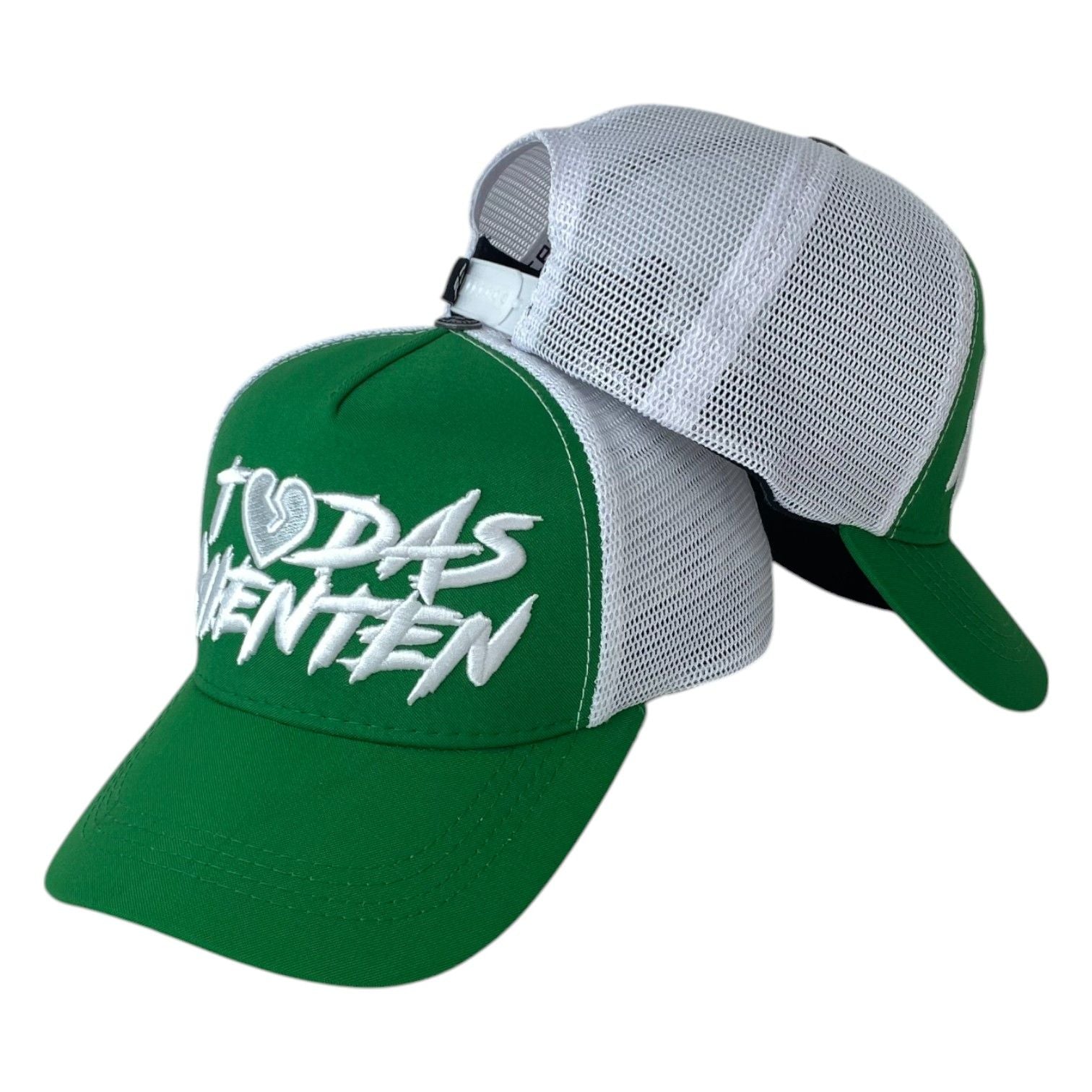 Gorra Full Caps Verde con Malla Blanca y Bordado en Relieve.