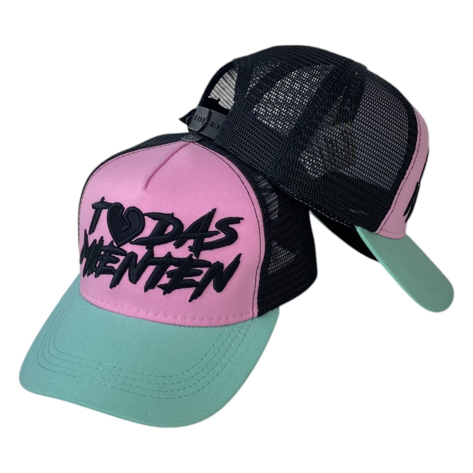 Gorra Full Caps Rosa con Malla Negra y Bordado en Relieve.