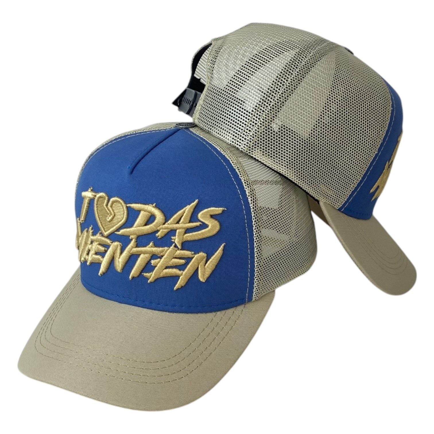 Gorra Full Caps Azul con Malla Beige y Bordado en Relieve.