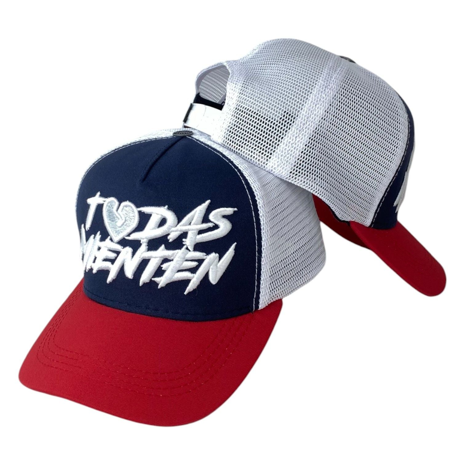 Gorra Full Caps Azul con Malla Blanca y Bordado en Relieve.