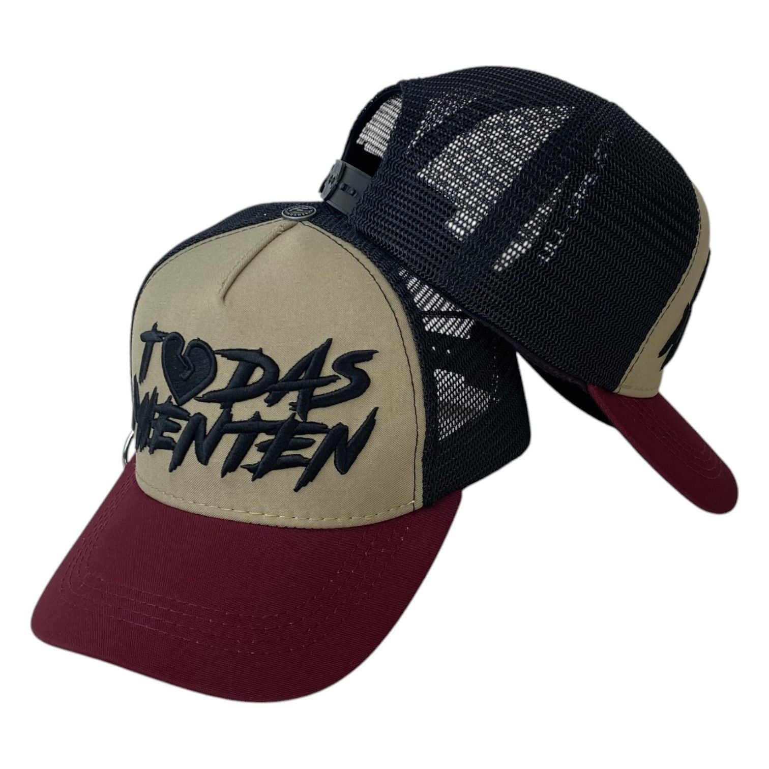 Gorra Full Caps Beige con Malla Negra y Bordado en Relieve.